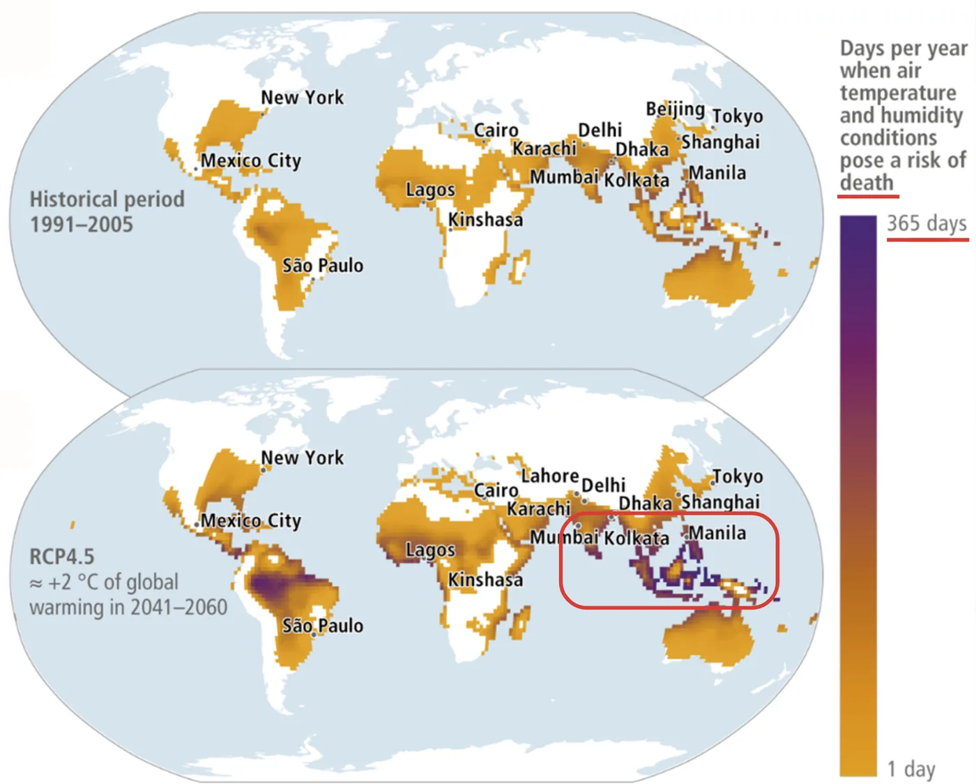 Map of temperature risk in the coming decades (around 2050) from the IPCC Sixth Assessment Report (Impacts, Adaptation, and Vulnerability). Approximately 3 B people will live in the boxed region in 2050, absent unusual migration.
